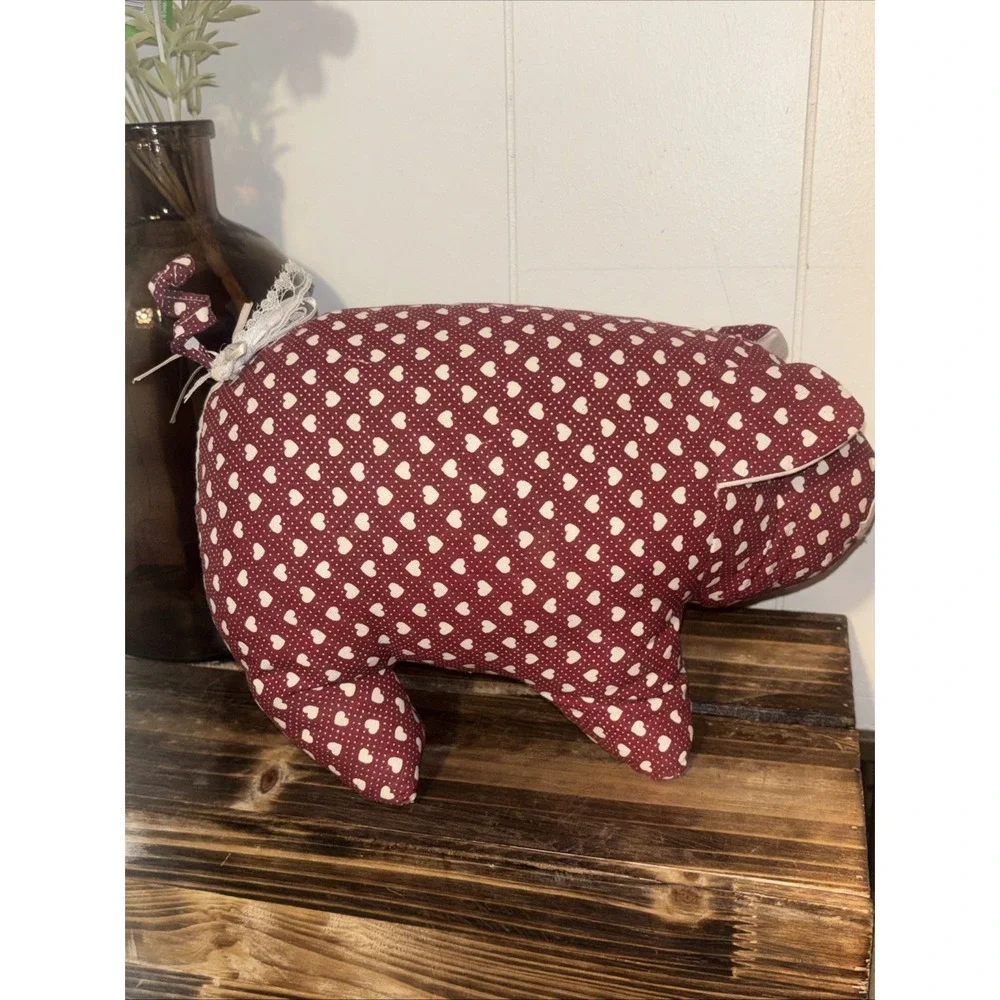 Quilted Piglet Burgundy With Pink Hearts Pillow/plush 11x7.5